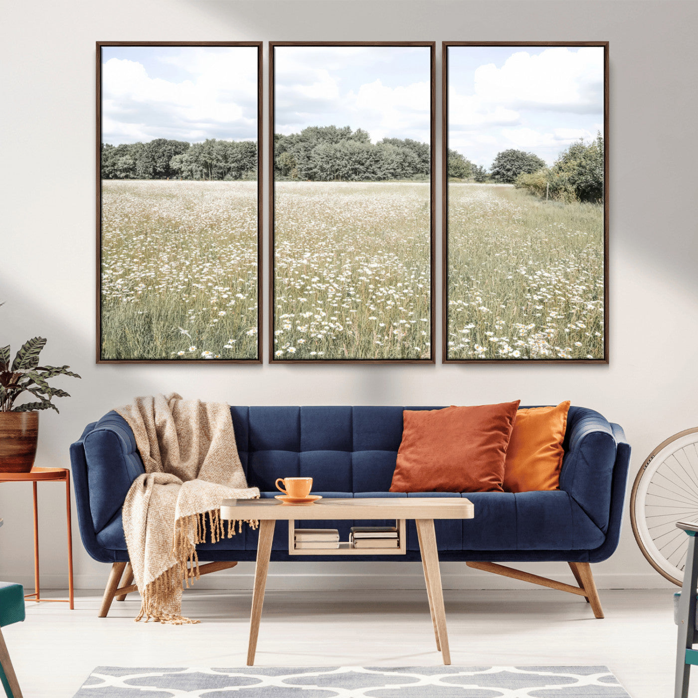 43258946-MGV-CV-36X24-Charming Daisy Field Wall Art Canvas Print – Framed Pastel Flower Meadow Bloom Scandinavian Minimal Artwork for Home Office