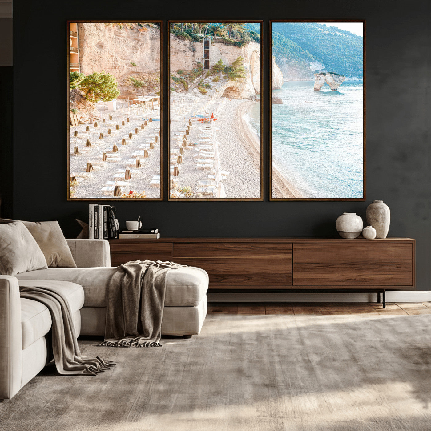 84816639-MGV-CV-36X24 - Sunny Beach Wall Art – Chairs & Umbrellas Canvas Print, Clear Water, Rocky Cliffs, Coastal Calm for Living Room or Vacation Home Decor