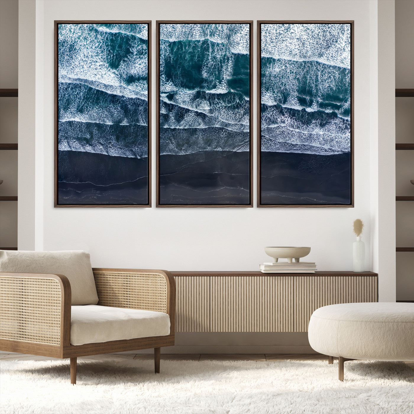 87941475-MGV-FC-48X32-3P-Black Beach Wall Art Canvas Print – Framed Aerial Ocean View Moody Coastal Seascape Nature Artwork for Home Office