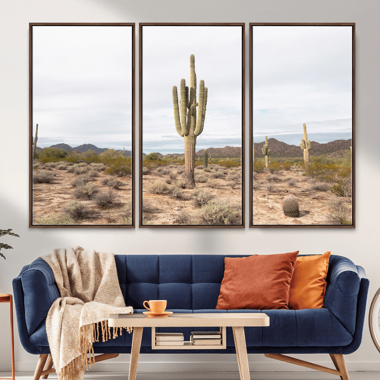 MGV-FC-48X32-3P - Saguaro Cactus Wall Art Canvas Print, Framed Desert Cactus Art Picture Print, Earthy Desert Perfect Southwestern Boho Decor Artwork