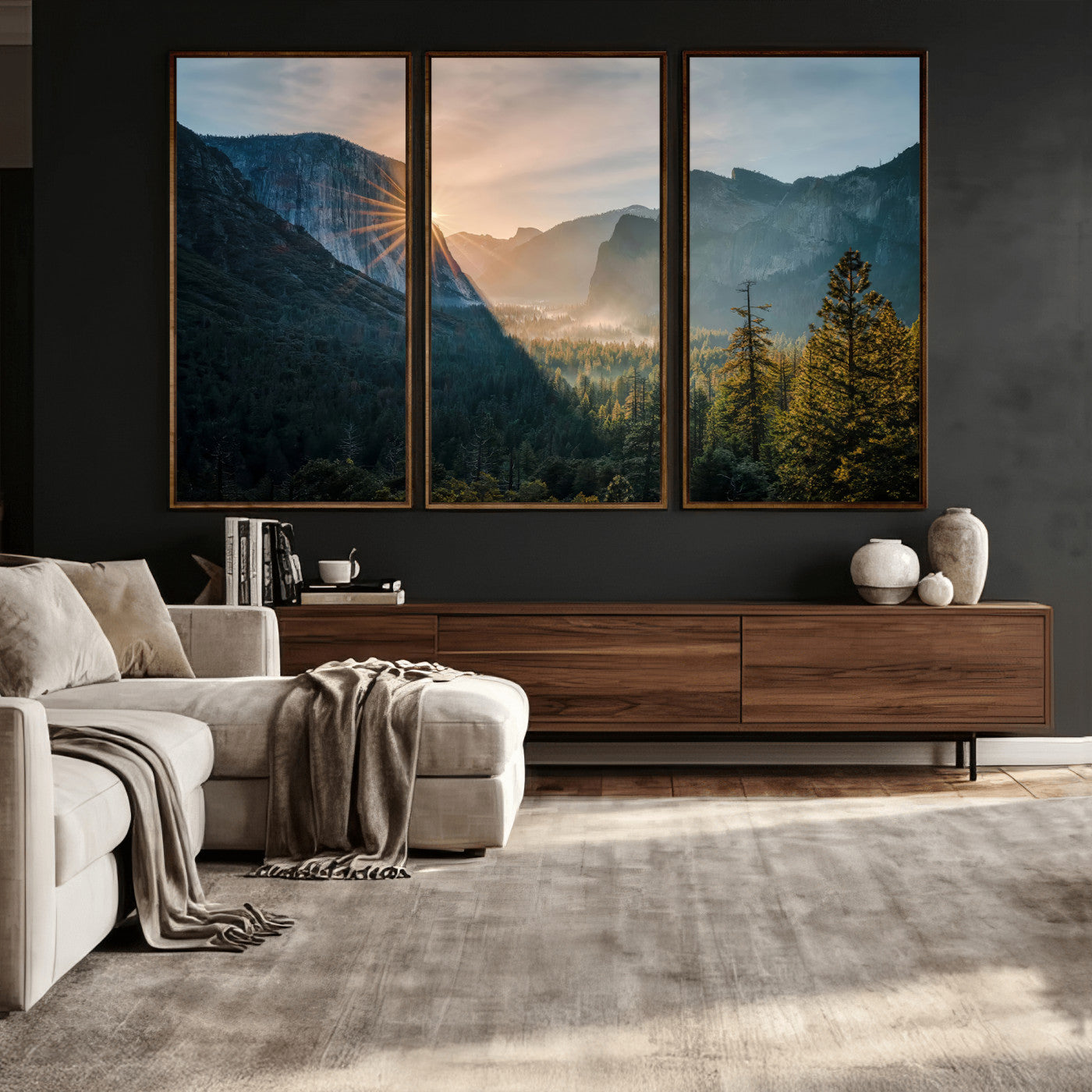 51605481-MGV-CV-36X24 - Yosemite Valley Wall Art – Misty Forest Peaks Canvas Print, Radiant Light, Tranquil Nature Landscape for Living Room or Cabin Decor