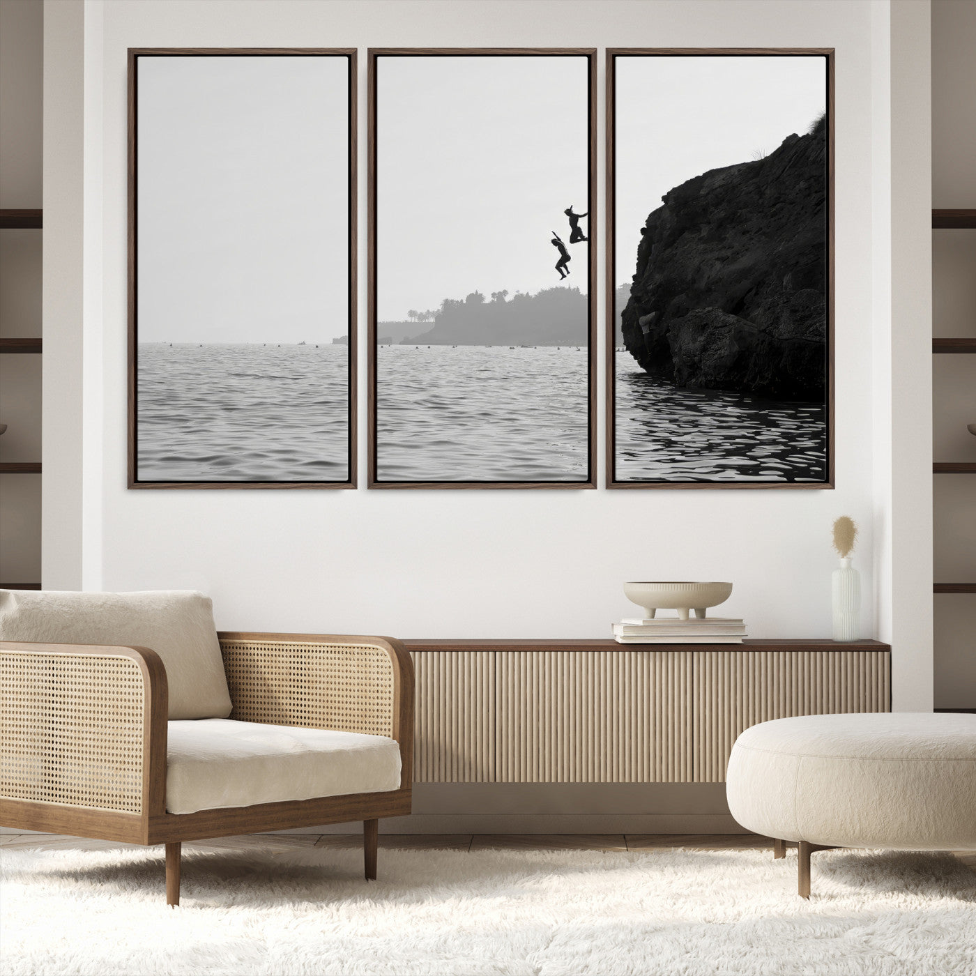 52284302-MGV-FC-48X32-3P-Jumping Wall Art Canvas Print – Framed Coastal Ocean Scene Artwork for Relaxing Beach Home, Office Decor