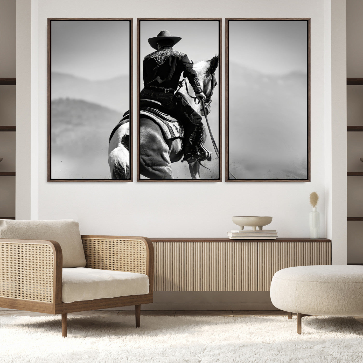83102464-MGV-FC-48X32-3P-Western Wall Art Canvas Print – Framed Cowboy and Horse Scene Artwork for Rustic Western Home, Office Decor