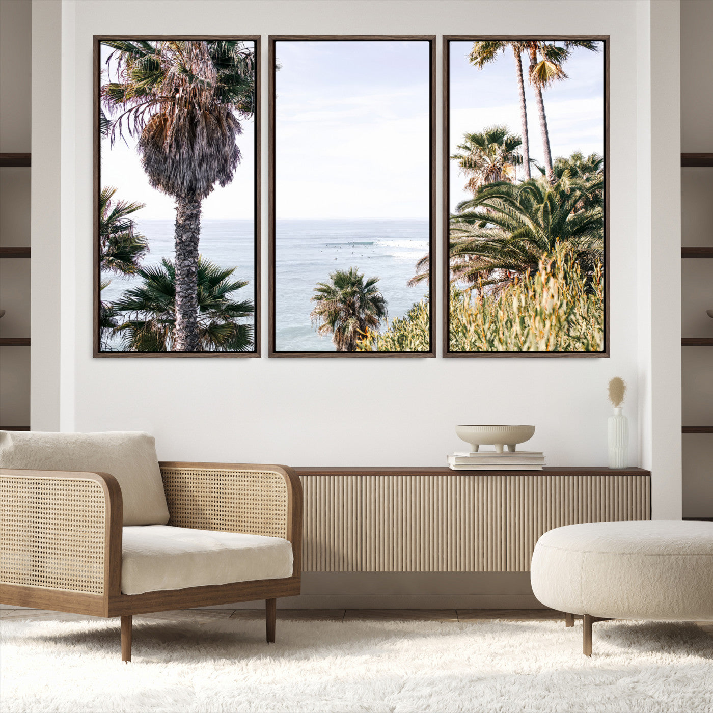 51404565-MGV-FC-48X32-3P-Coastal Palm Trees Wall Art Canvas Print – Framed Ocean Breeze Tropical Scene Artwork for Relaxing Home, Office Decor