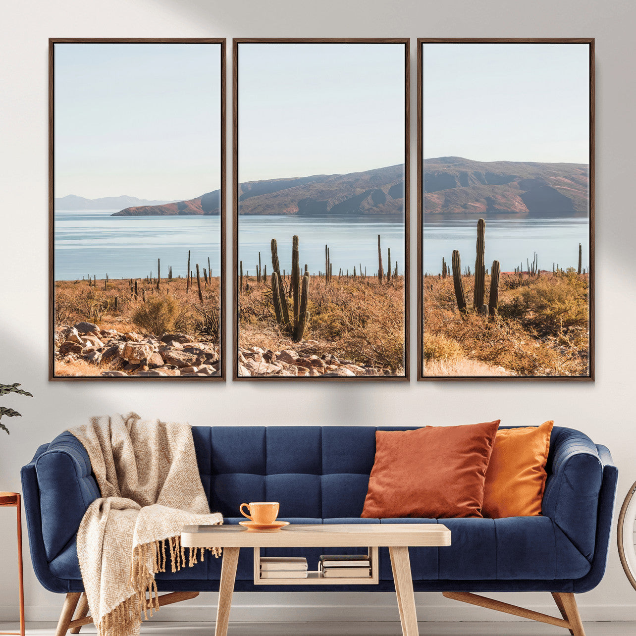 MGV-FC-48X32-3P - Desert Cactus Wall Art Canvas Print, Framed Baja Coastline Art Picture Print, Coastal Desert Perfect Southwestern Minimalist Decor Artwork