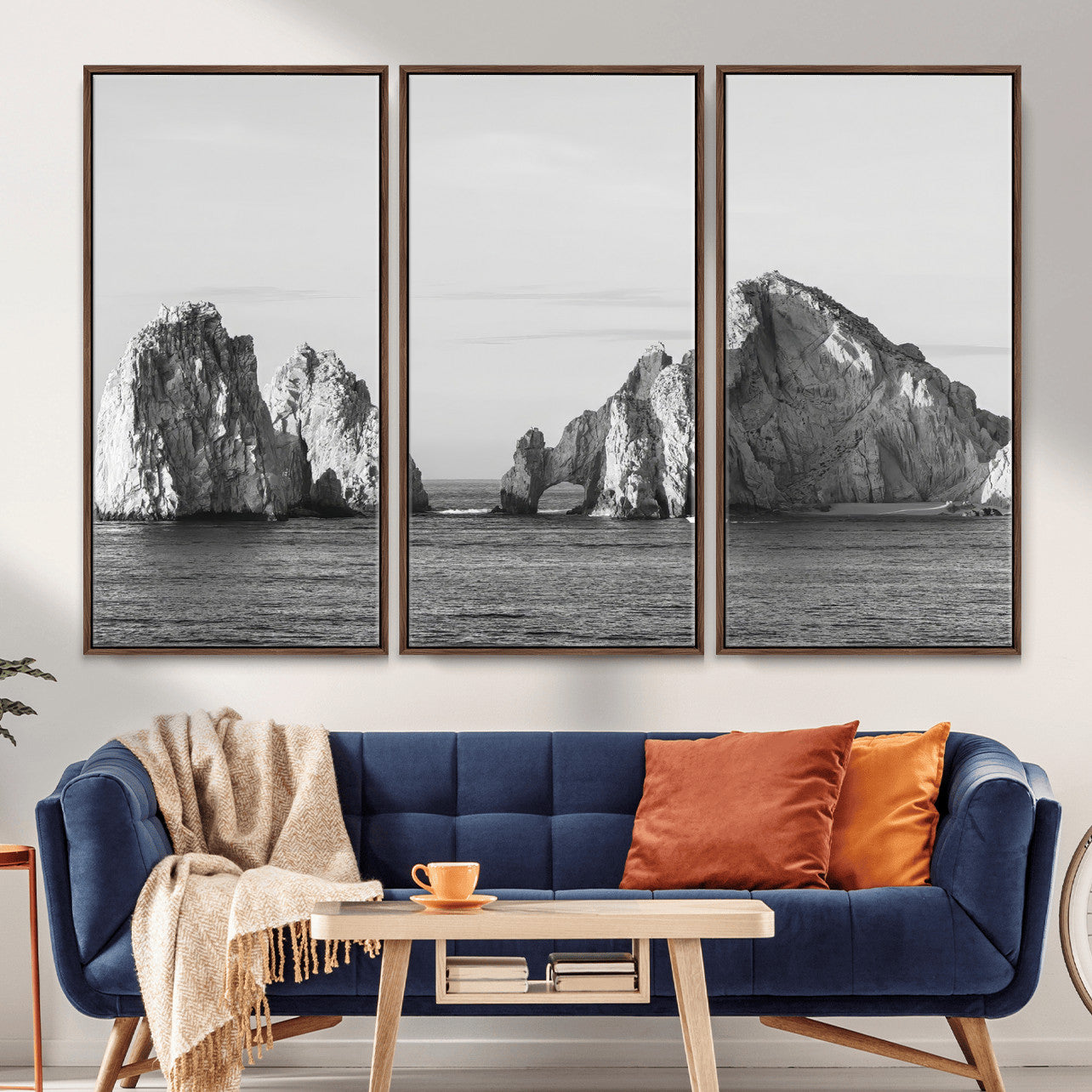 MGV-FC-48X32-3P - Rugged Coastline Wall Art Canvas Print, Framed Ocean Cliffs Art Picture Print, Monochrome Seascape Perfect Coastal Minimalist Decor Artwork