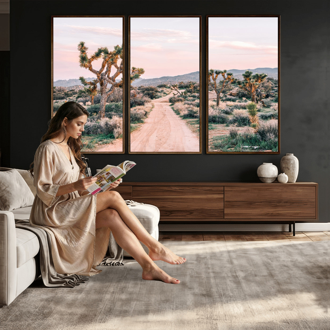 12540952-MGV-CV-36X24 - Desert Trail Wall Art – Canvas Print of Joshua Trees & Sunset Glow, Sandy Path Wilderness, Scenic Nature Escape Decor for Living Room, Office or Bedroom