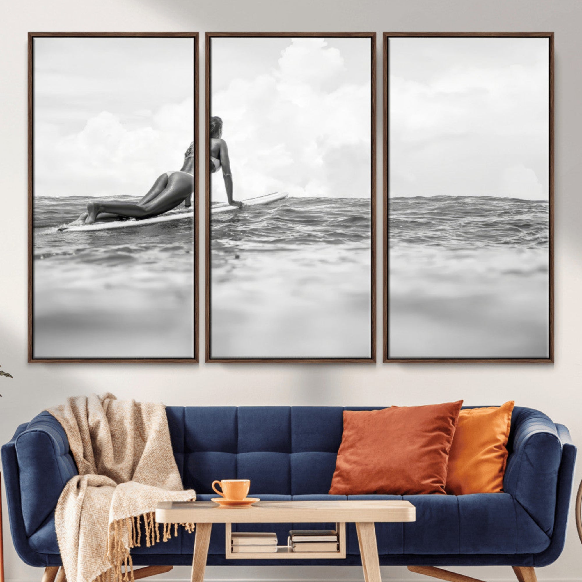 69798068-MGV-CV-36X24-Black and White Surfing Wall Art Canvas Print – Framed Ocean Horizon with Surfer Girl Coastal Adventure Artwork for Home, Office