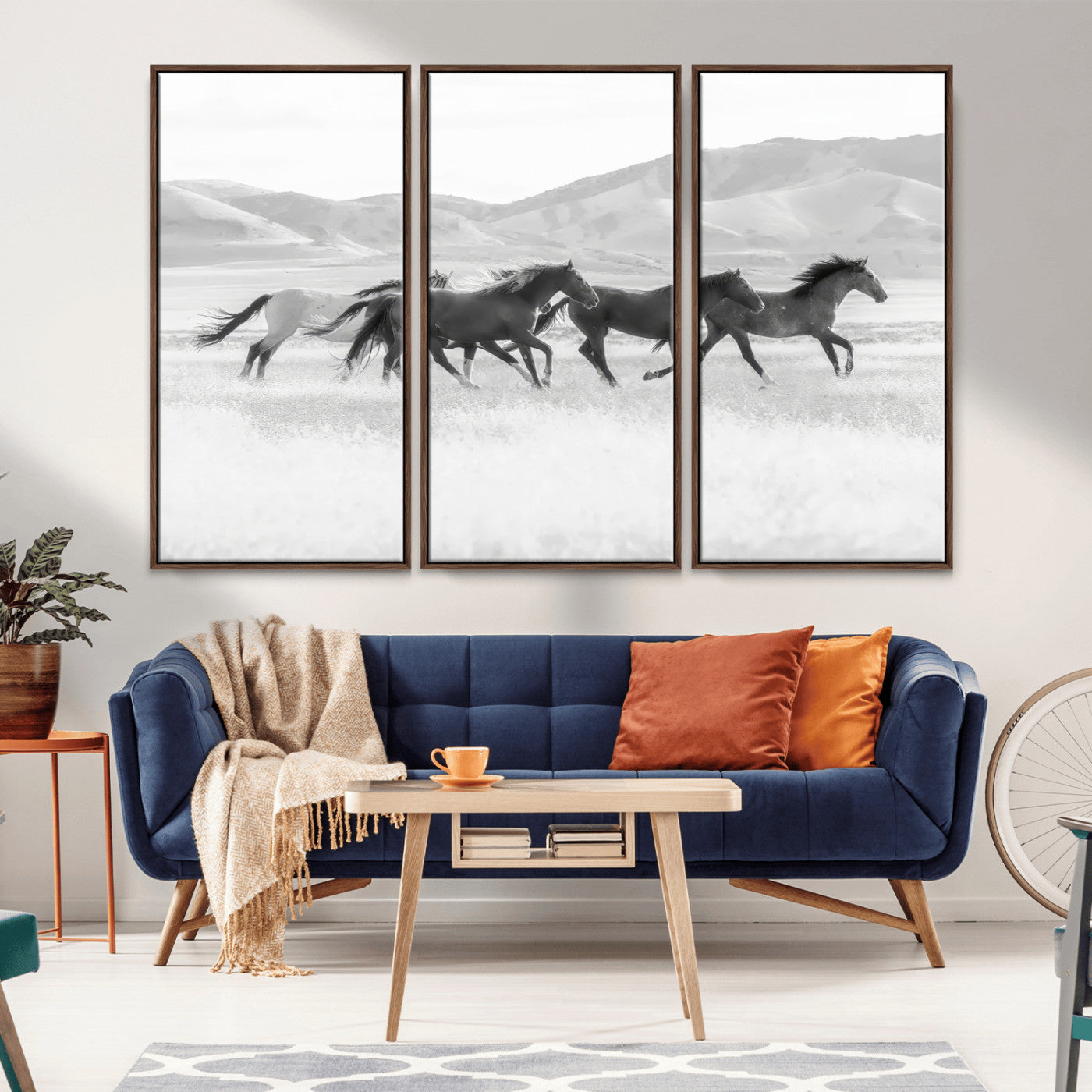 MGV-FC-48X32-3P - Wild Horses Wall Art – Black & White Canvas Print of Herd Running, Nature in Motion, Freedom & Beauty Decor for Guest Room, Office or Living Room