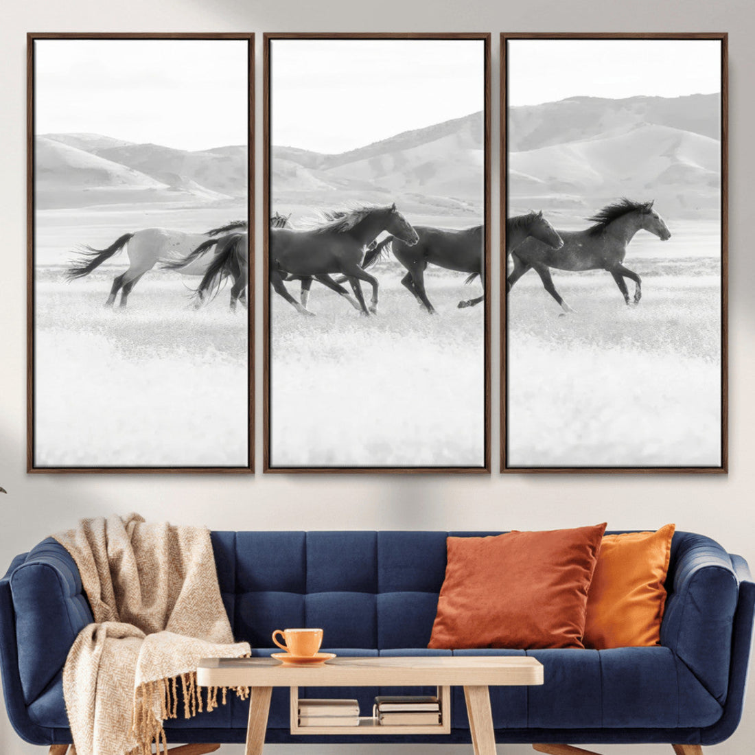 Wild Horses Running Wall Art Canvas Print, Framed Black White Mustangs Artwork