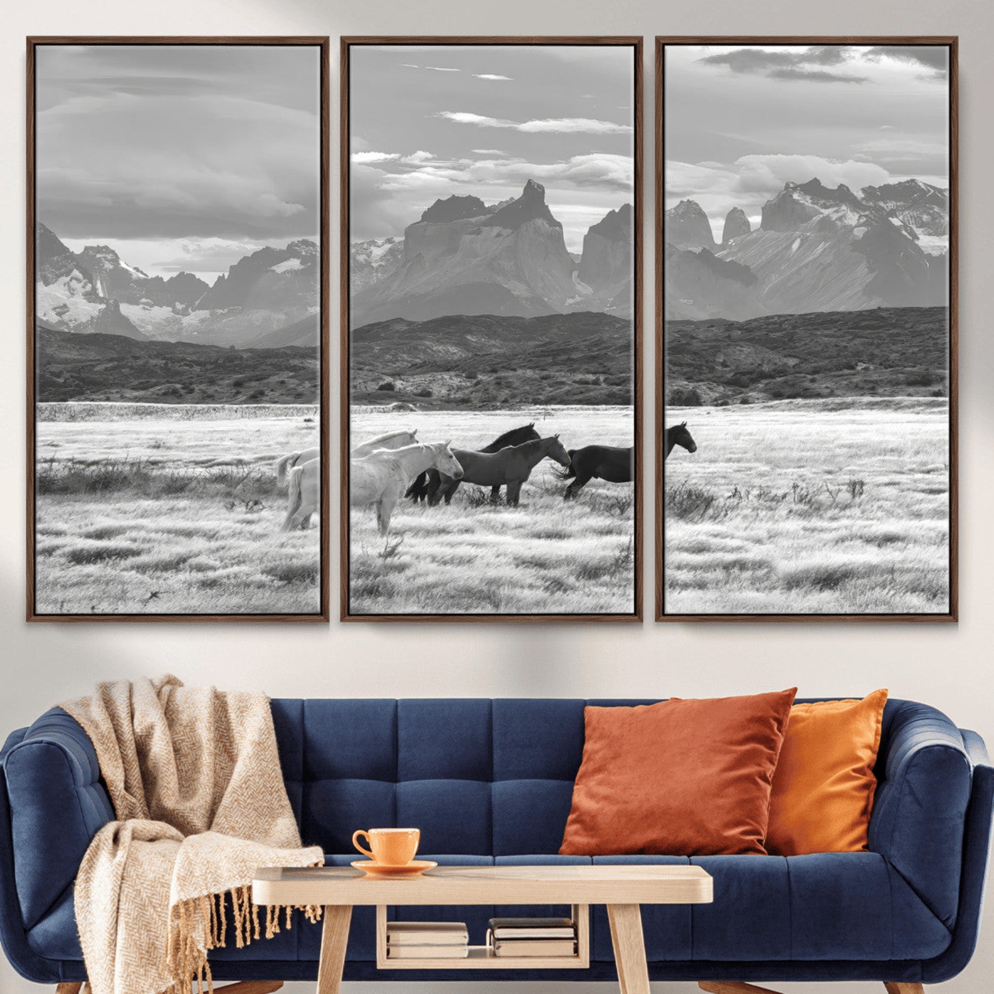 MGV-FC-48X32-3P - Wild Horses Wall Art Canvas Print, Framed Black White Mountains Art Picture Print, Rustic Countryside Perfect Rustic Western Decor Artwork