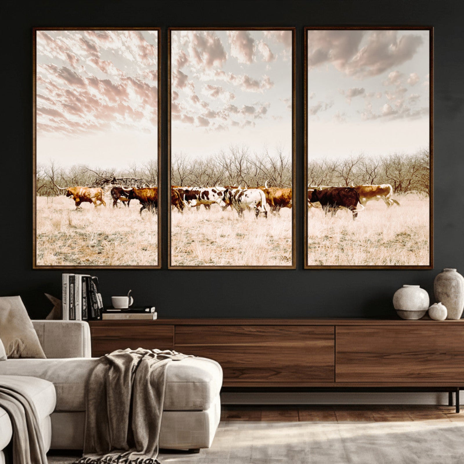 64892775-MGV-CV-36X24 - Longhorn Cattle Wall Art Canvas Print, Framed Texas Ranch Art Picture Print, Western Cow Perfect Western Decor Artwork