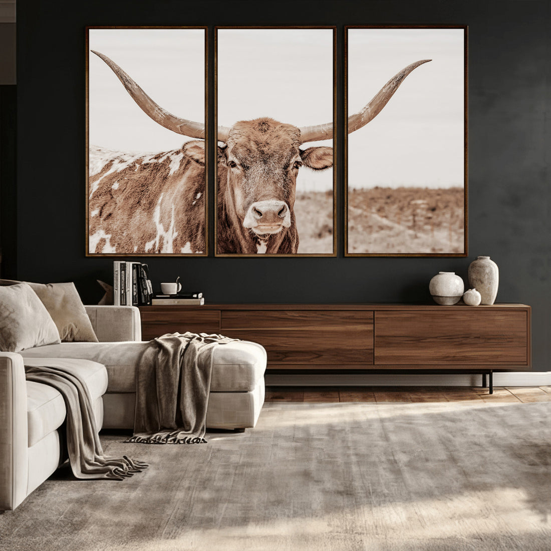 Longhorn Cow Wall Art Canvas Print, Framed Texas Ranch Print, Western Bull Art, Cowboy Decor