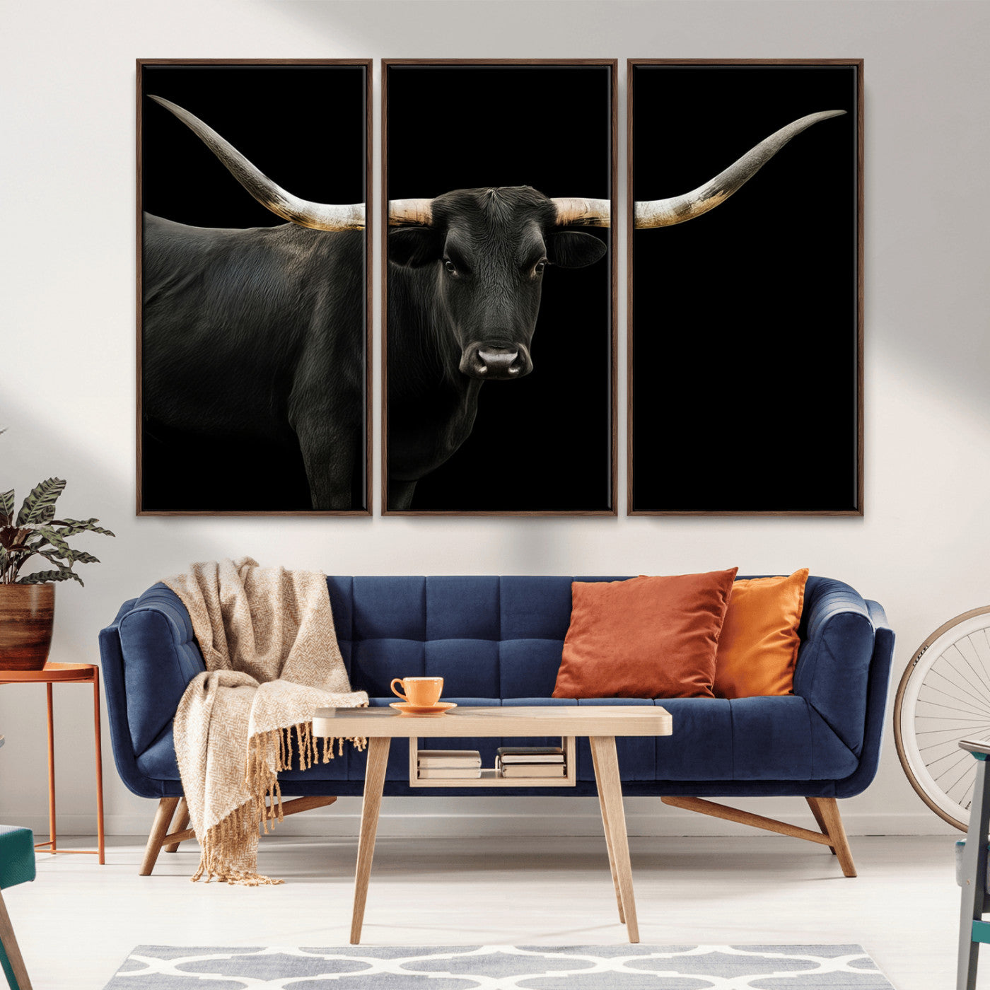 99448328-MGV-CV-36X24 - Longhorn Cattle Wall Art Canvas Print, Framed Texas Black Bull Art Picture Print, Western Cow Perfect Farmhouse Decor Artwork