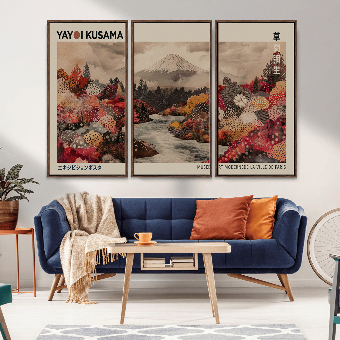 90660838-MGV-CV-36X24-Modern Japanese Wall Art Canvas Print – Framed Abstract Mount Fuji Scene with Yayoi Kusama Artwork for Home, Office