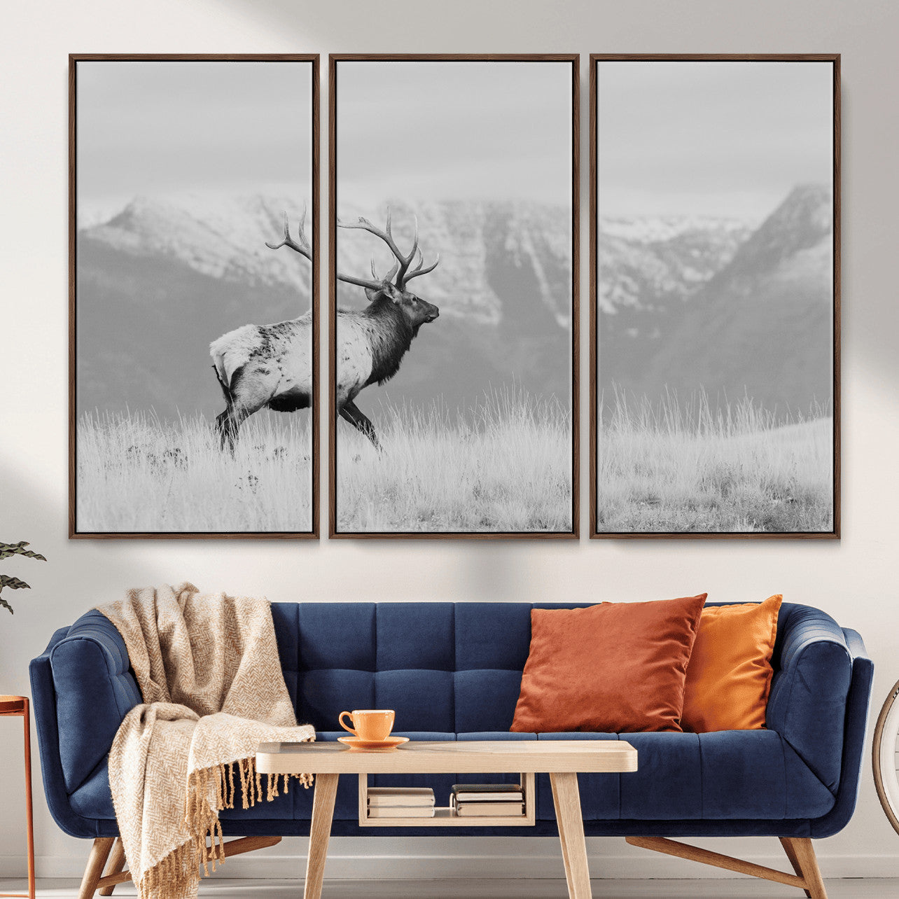 36150391-MGV-FC-48X32-3P - Wall Art Canvas Print – Majestic Elk Black & White Wilderness, Scenic Mountain and Grassland Landscape, Wildlife Nature Decor for Home or Office