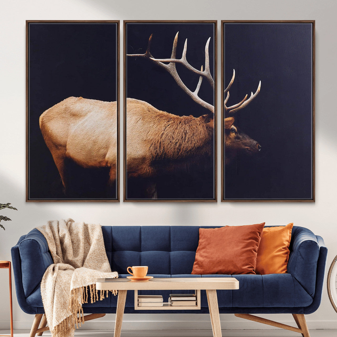 89239257-MGV-FC-48X32-3P - Rustic Elk Wall Art Canvas Print – Framed Moody Wildlife Art Picture Western Animal Artwork for Home, Office