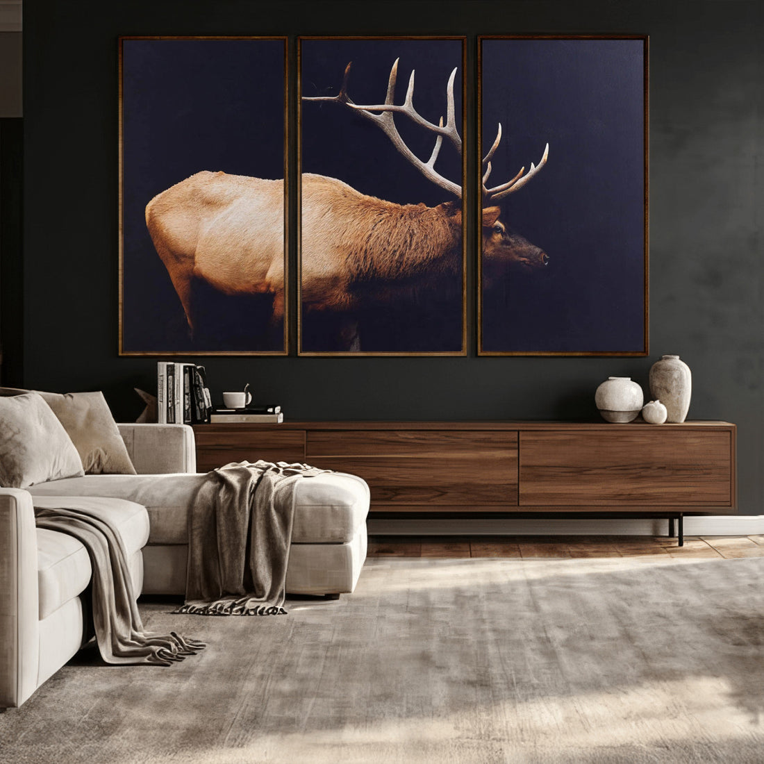 Rustic Elk Wall Art Canvas Print, Framed Moody Wildlife Art, Western Lodge Decor
