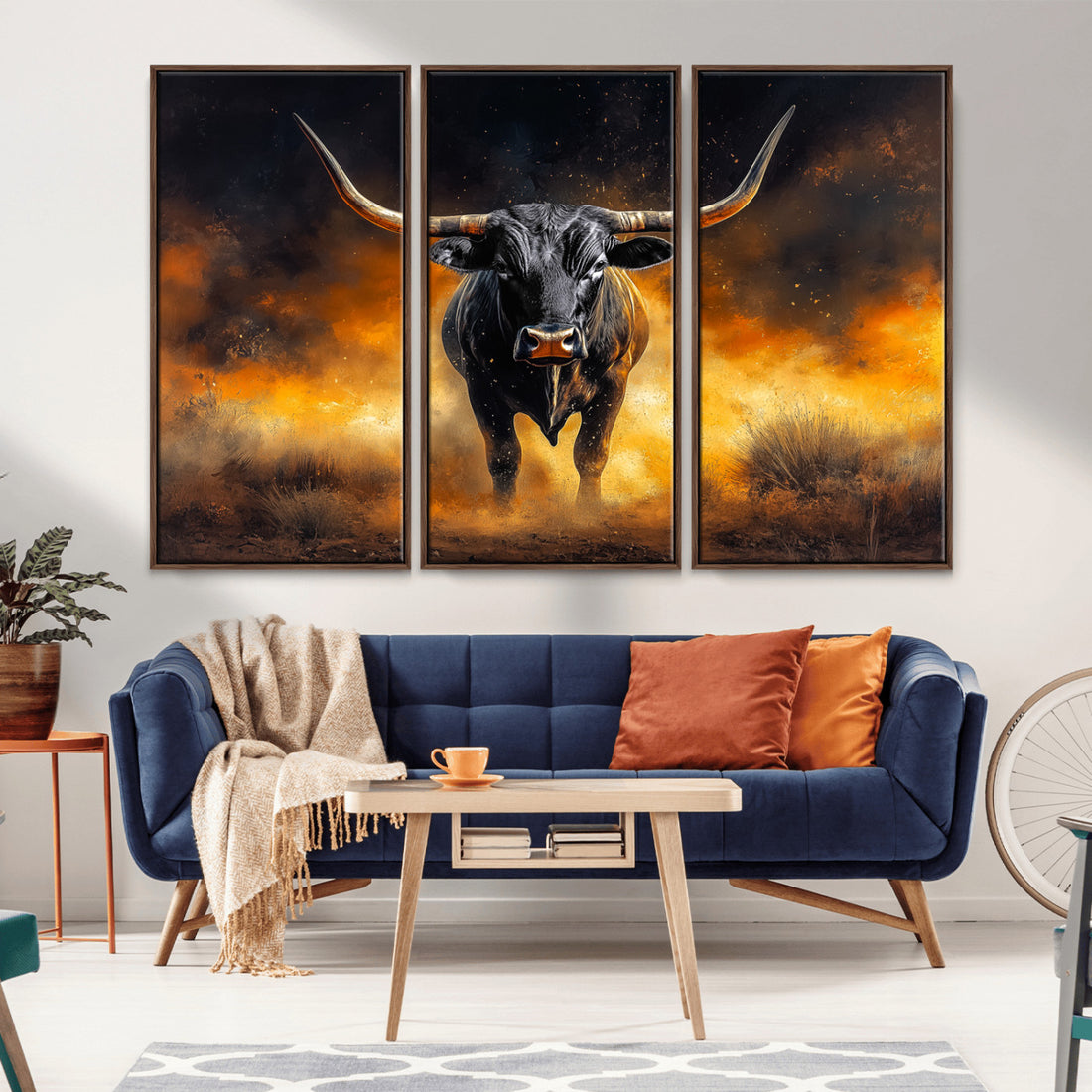 Longhorn Bull Wall Art Canvas Print, Framed Bold Western Ranch Animal Artwork