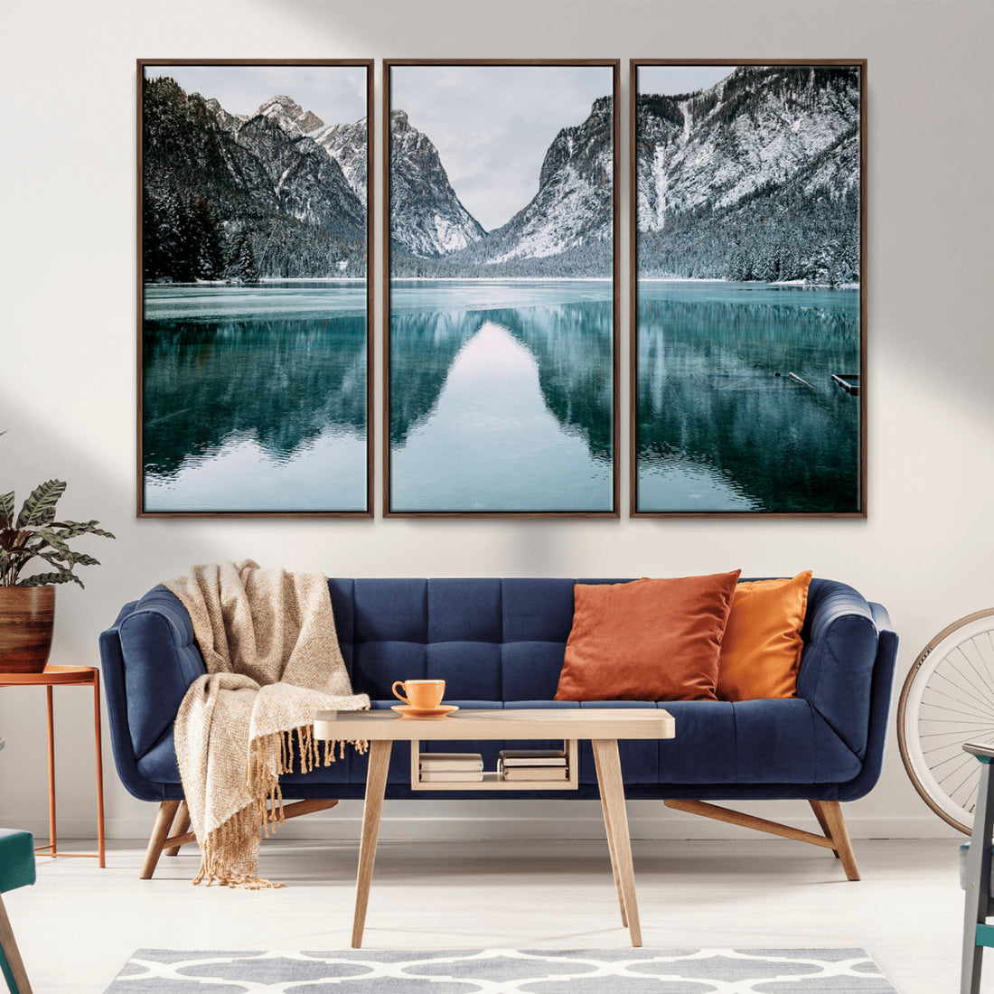 Mountain Lake Wall Art Canvas Print, Framed Toblacher See Winter Wonderland