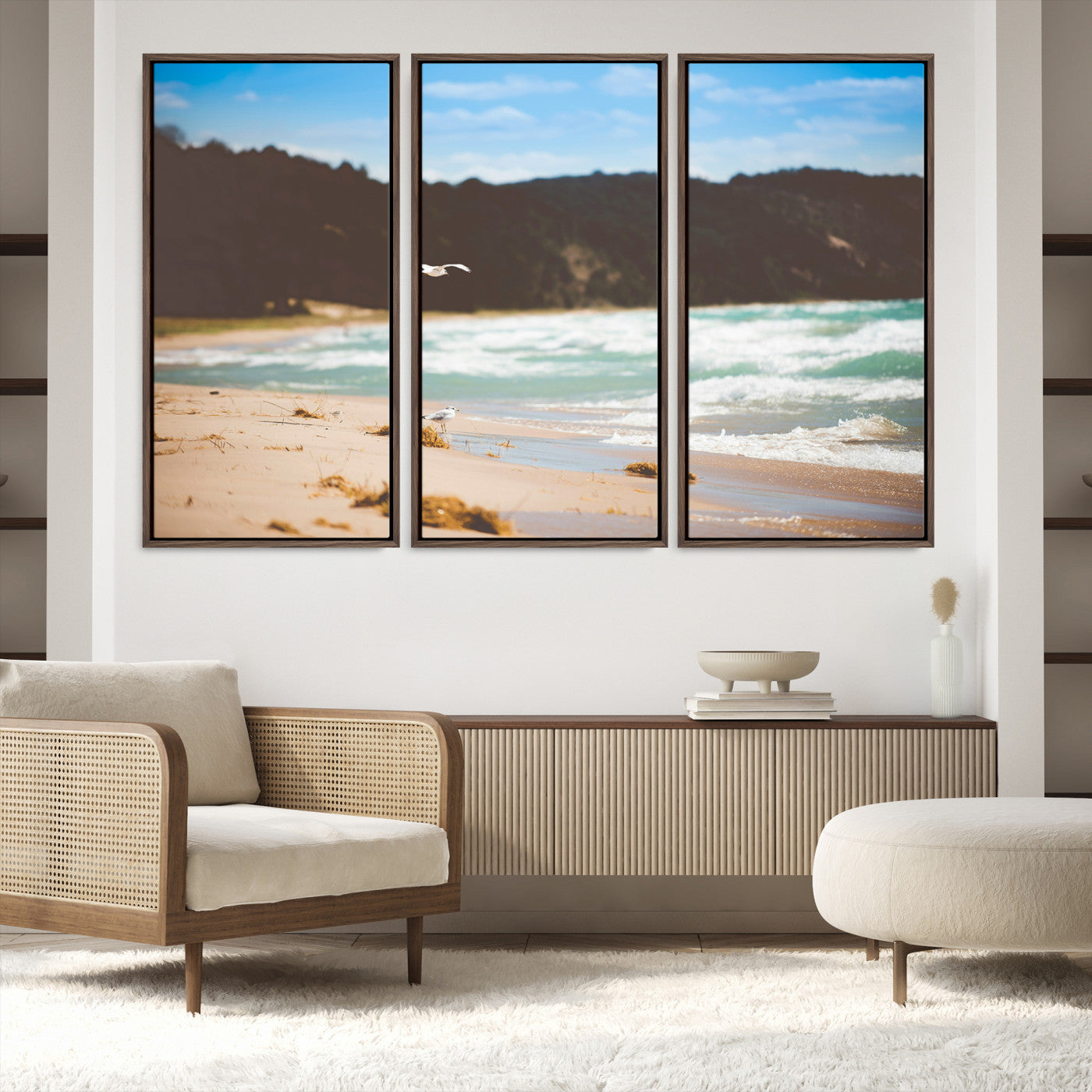 84260965-MGV-FC-48X32-3P-Tranquil Beach Scene Wall Art Canvas Print – Framed Blue Ocean Waves Sandy Shore Coastal Nature Artwork for Home Office