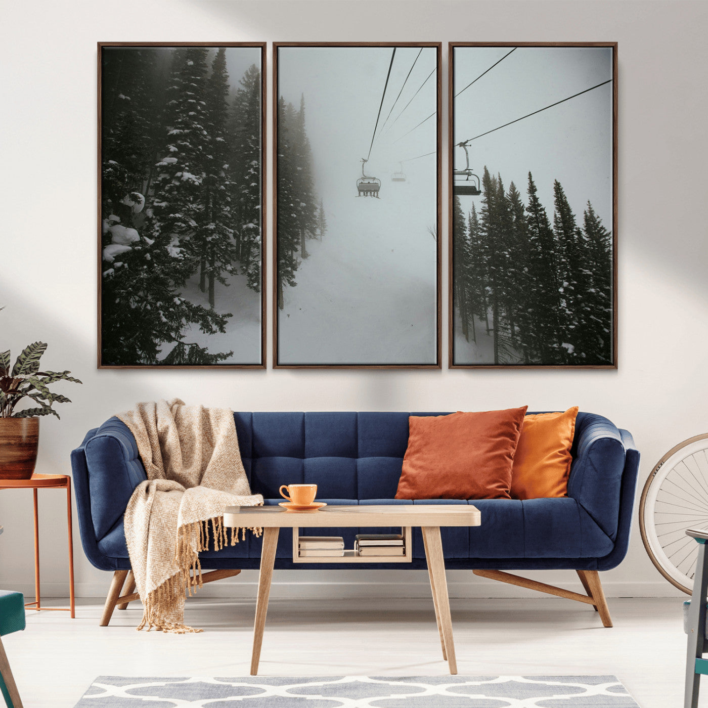 87018452-MGV-CV-36X24-Ski Lift Wall Art Canvas Print – Snowy Pines Misty Landscape Winter Serenity Artwork for Home, Office Decor