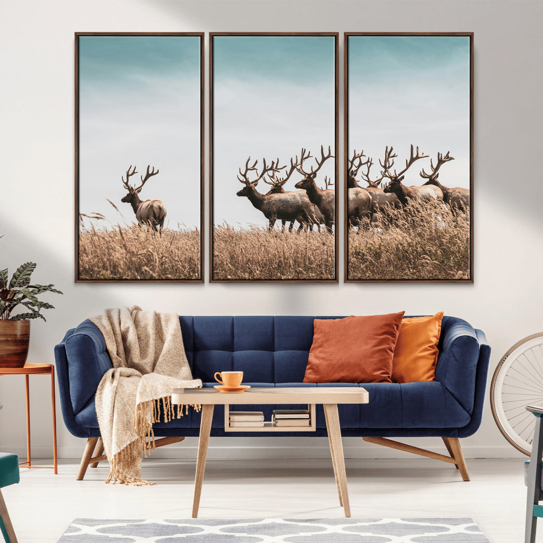 Elk Herd Wall Art Canvas Print, Framed Wildlife Photography Antler Art, Rustic Nature Wildlife Decor