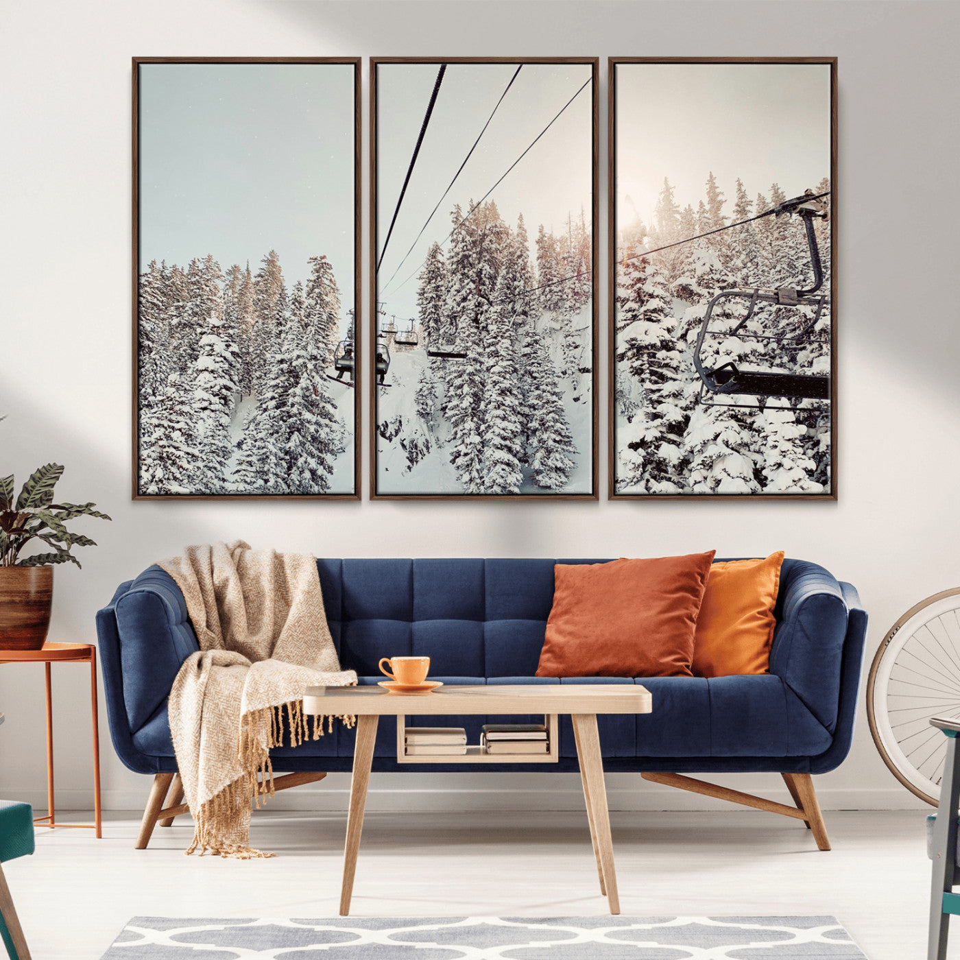 91534512-MGV-CV-36X24-Frosty Pines Wall Art Canvas Print – Framed Cozy Cabin Ski Lift Ride Winter Scene Artwork for Home Office