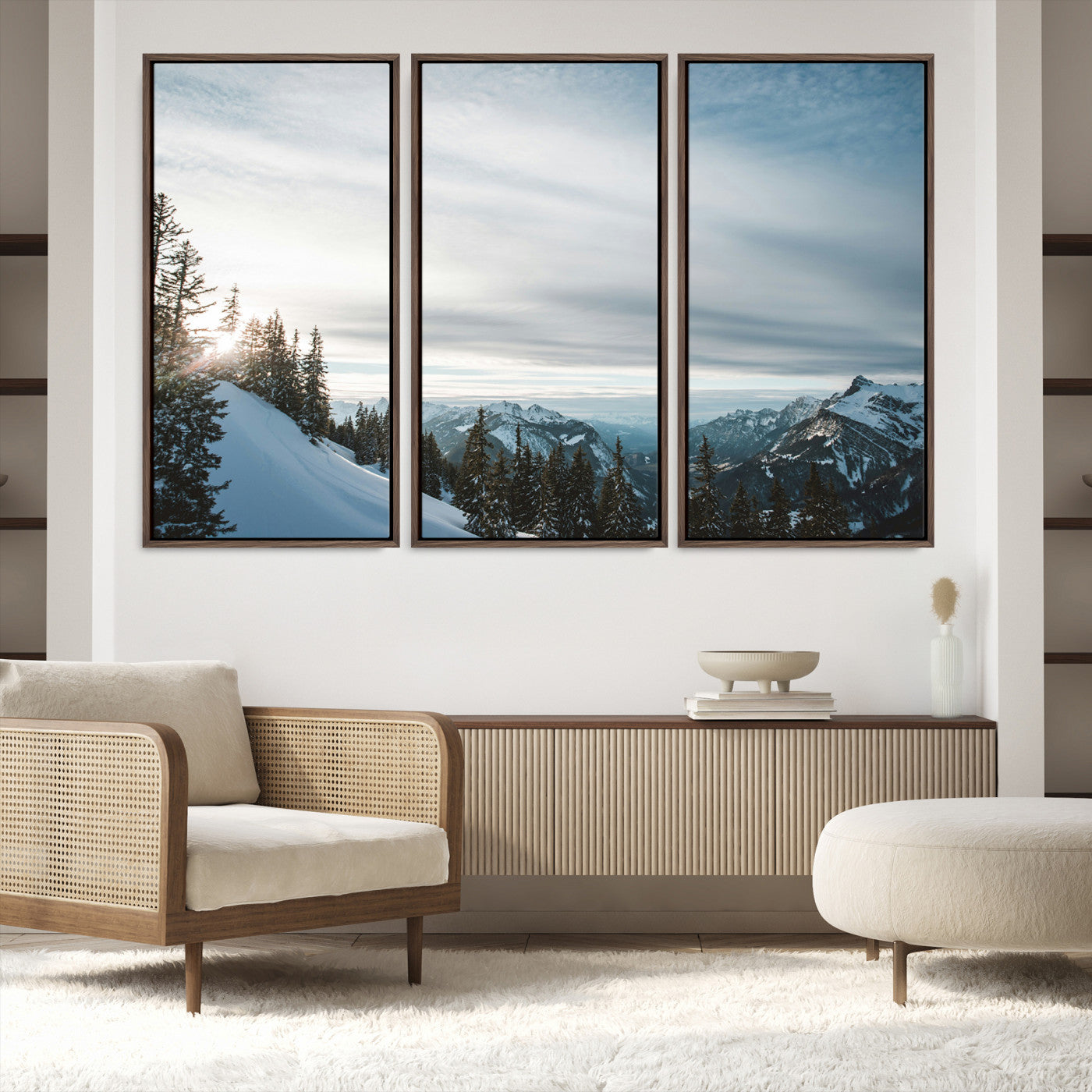 55564749-MGV-FC-48X32-3P-Snowy Mountain Wall Art Canvas Print – Frosty Peaks Alpine Landscape Winter Sky Nature Photography Artwork for Home Office