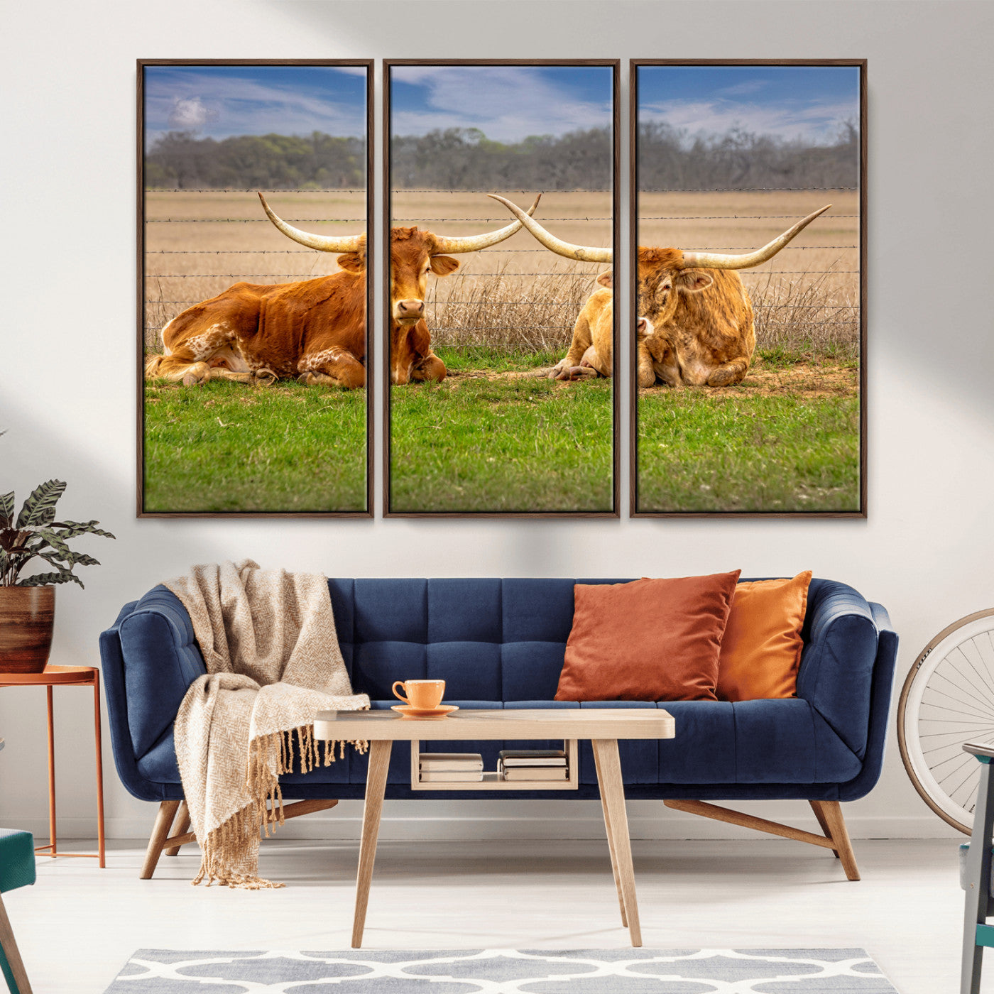 -Texas Longhorn Pair Wall Art Canvas Print – Peaceful Rustic Ranch Scene with Two Cattle Field Western Artwork for Home Office