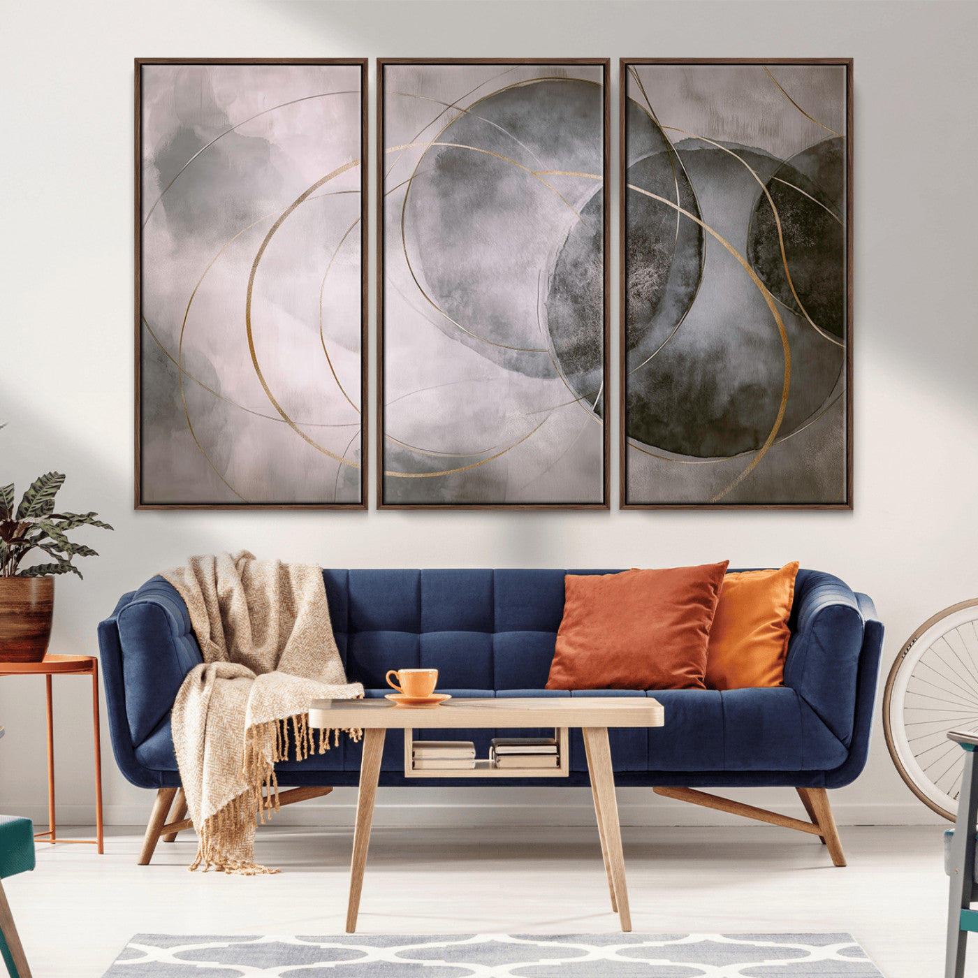 20066876-MGV-CV-36X24-Abstract Grey Gold Circle Wall Art – Modern Geometric Canvas Artwork, Minimal Elegant Design, Luxury Wall Decor for Home, Office