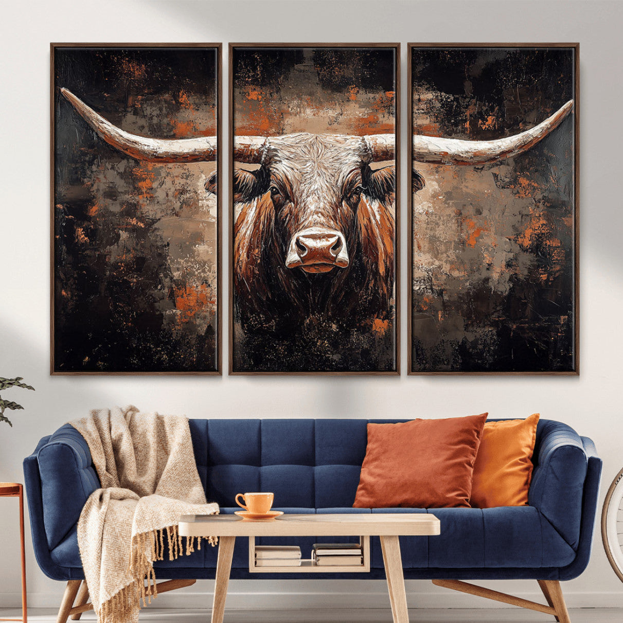 24779067-MGV-CV-36X24-Rustic Longhorn Bull Wall Art Canvas Print – Vintage Western Cattle Scene, Texas Steer Artwork for Home, Office