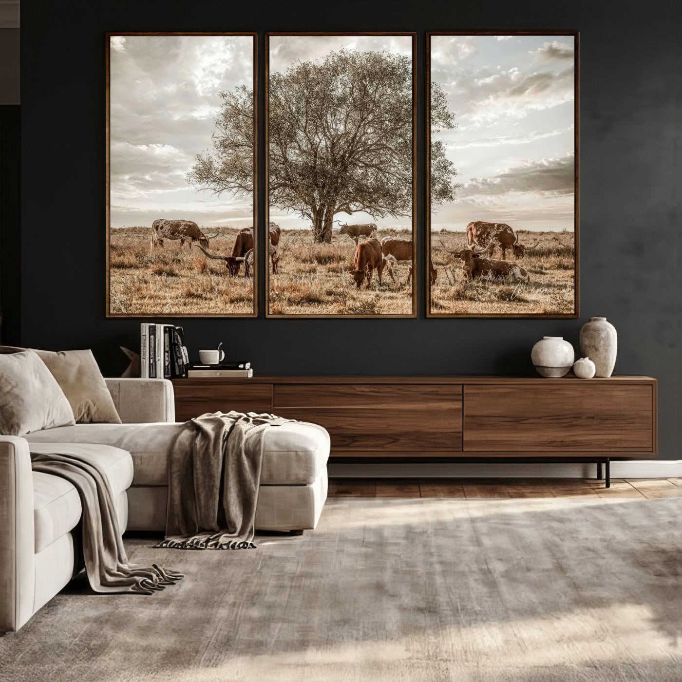 87590224-MGV-CV-36X24 - Texas Longhorn Cattle Wall Art Canvas Print – Rustic Western Ranch Scene with Steers at Sunset, Perfect for Farmhouse or Cowboy Decor