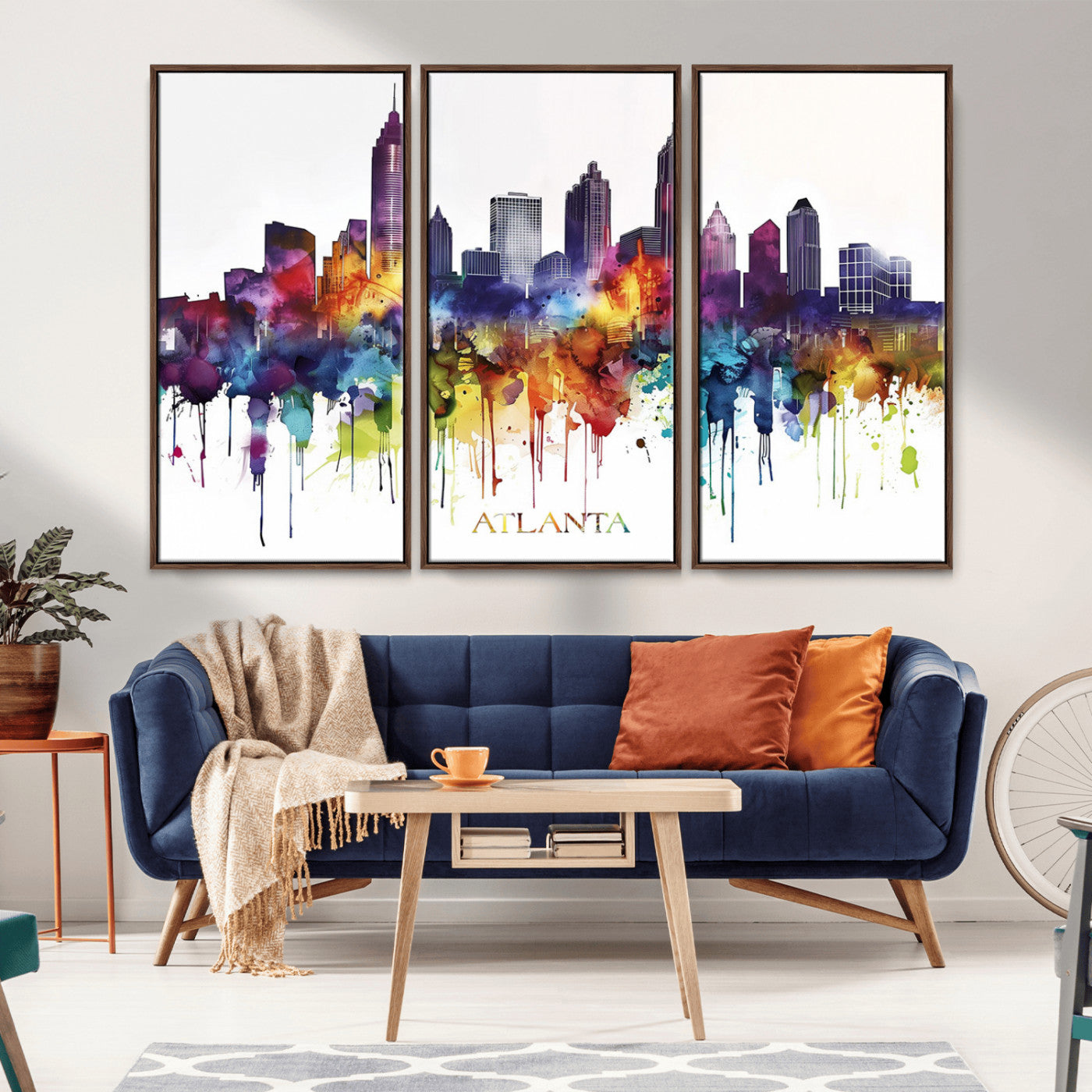36048320-MGV-CV-36X24-Atlanta Skyline Wall Art Canvas Print – Framed Colorful Watercolor Cityscape Abstract Urban Artwork for Home, Office