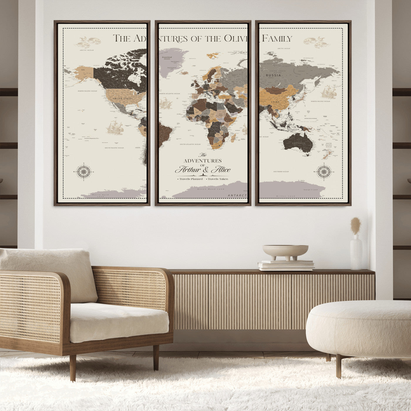 -Personalized Family Adventure World Map Canvas – Custom Framed Push Pin Travel Tracker, Wall Art Gift for Home, Office