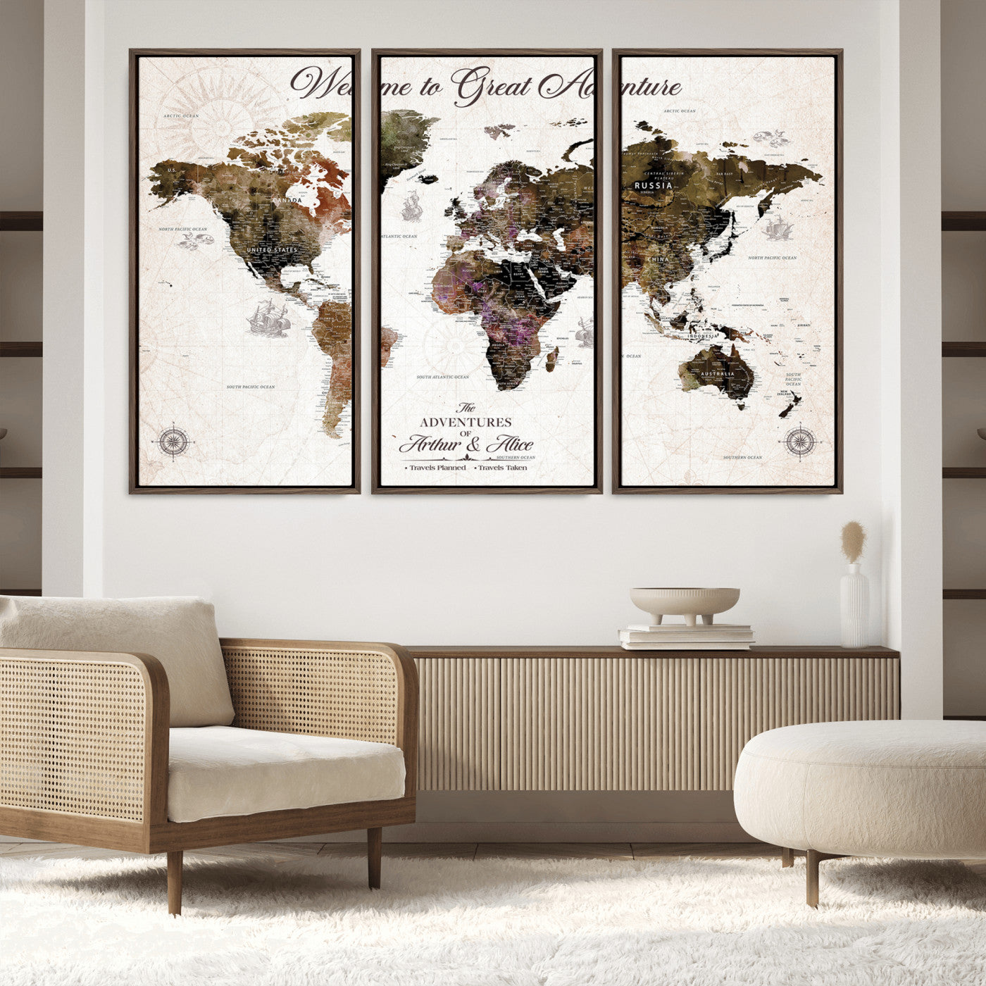 -Personalized World Map Canvas Custom Framed Push Pin Travel Tracker Vintage Adventure Wall Art Gift Couples Travelers Home, Office