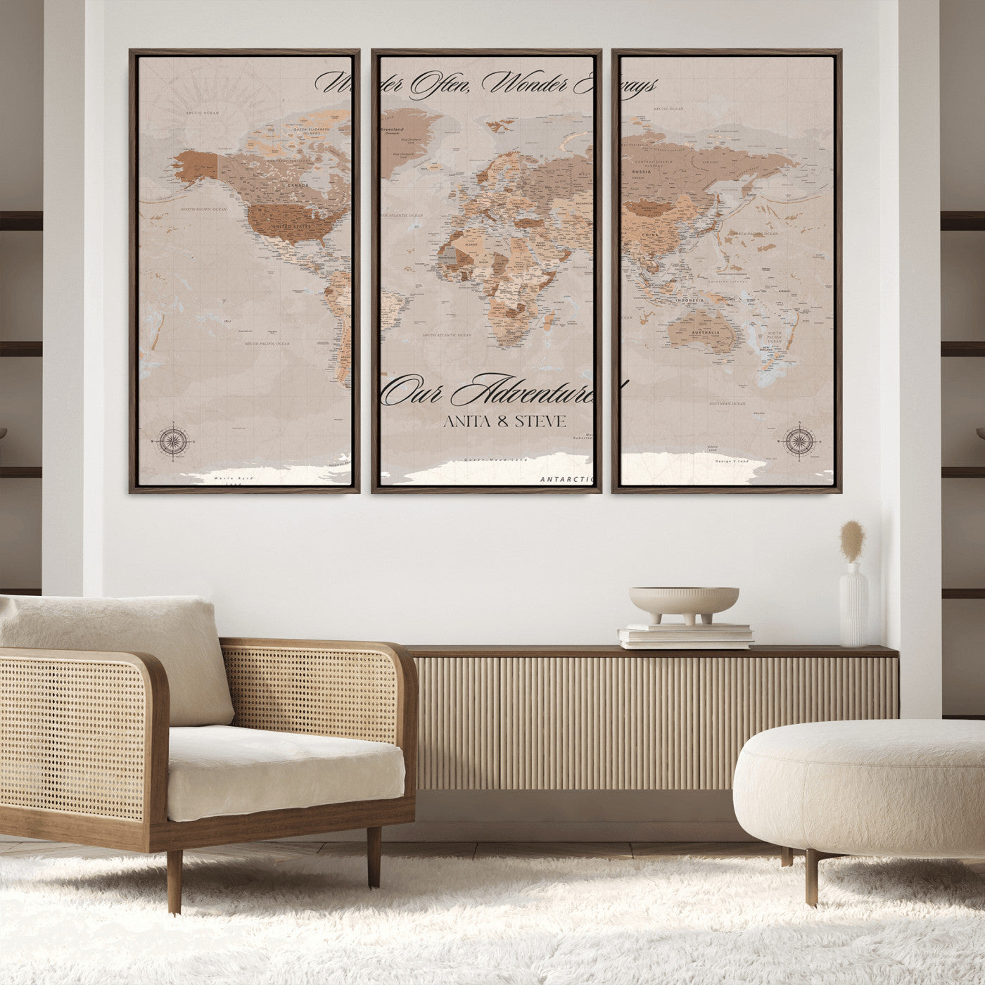 -Personalized World Map Canvas Custom Framed Push Pin Travel Tracker Elegant Neutral Wall Art Gift Couples Travelers for Home, Office