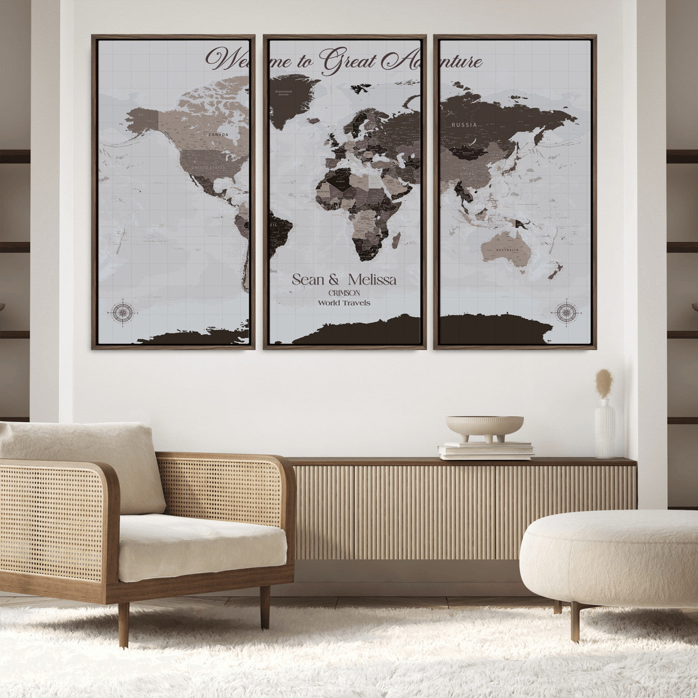 -Personalized Gray Brown World Map Canvas Custom Framed Push Pin Travel Tracker Modern Neutral Wall Art Gift Couples for Home, Office