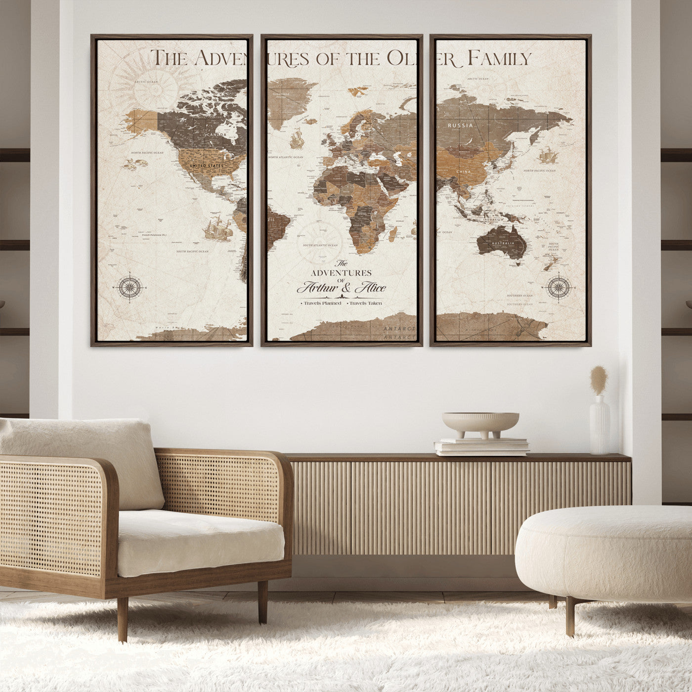 84483613-MGV-FC-48X32-3P_Walnut-Personalized Push Pin World Map Canvas Print Custom Family Travel Tracker Map Framed Adventure Gift for Couples Home Office