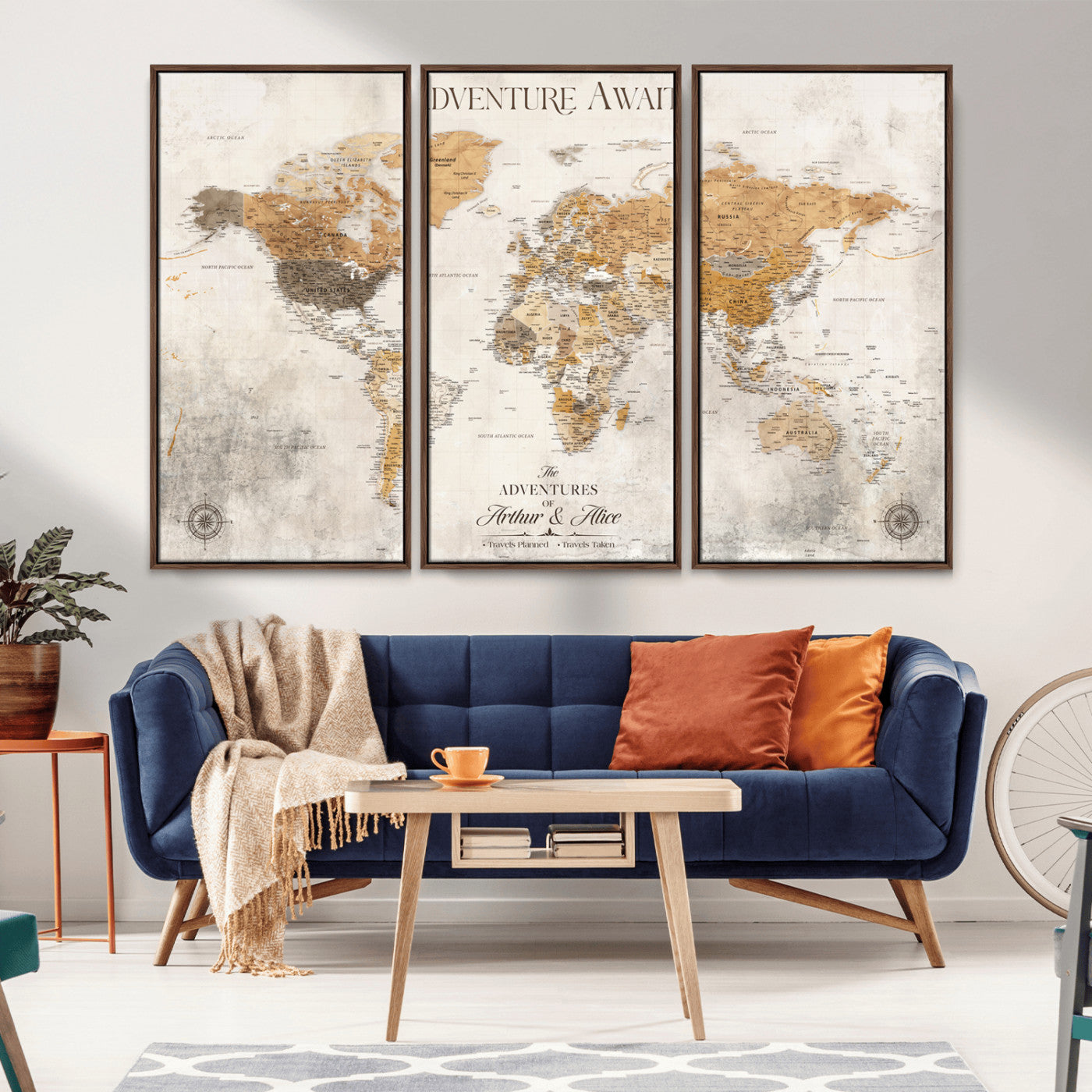 Rehber01-MGV-CV-36X24-Personalized World Map Canvas Print – Custom Push Pin Travel Map Vintage Neutral Style Gift for Couples Travelers for Home Office
