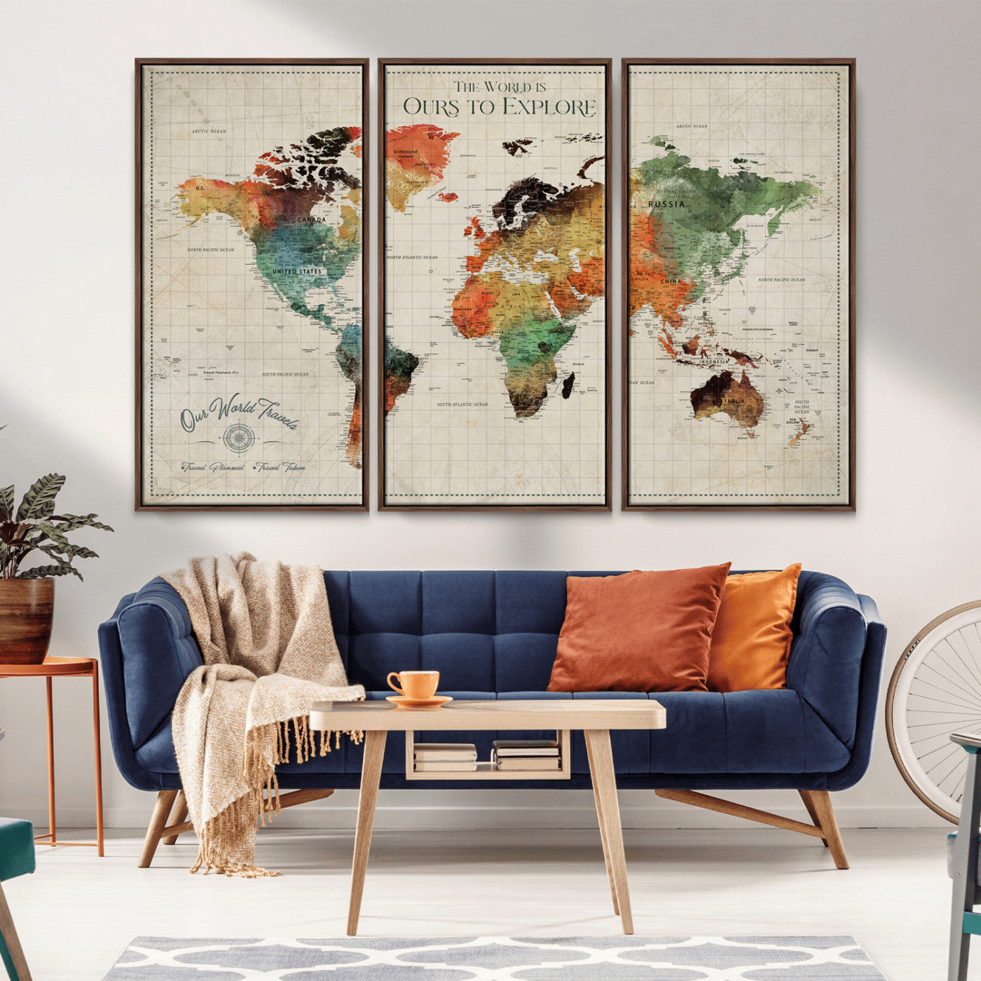 Rehber01-MGV-CV-36X24-Custom Push Pin World Map Wall Art Canvas Print – Personalized Travel Tracker Map Framed Artwork for Home Office