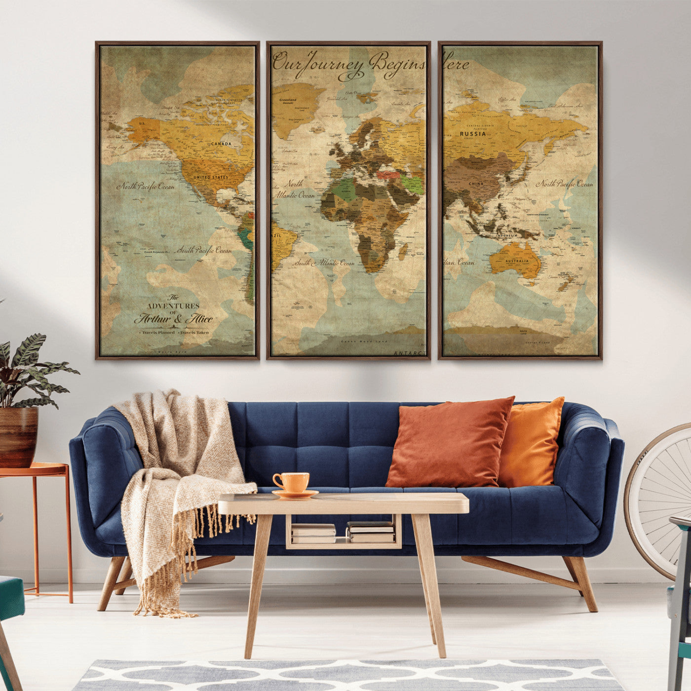 40572820-MGV-FC-48X32-3P_Walnut-Personalized World Map Canvas – Custom Framed Push Pin Travel Map Wall Art, Vintage Style Gift for Couples