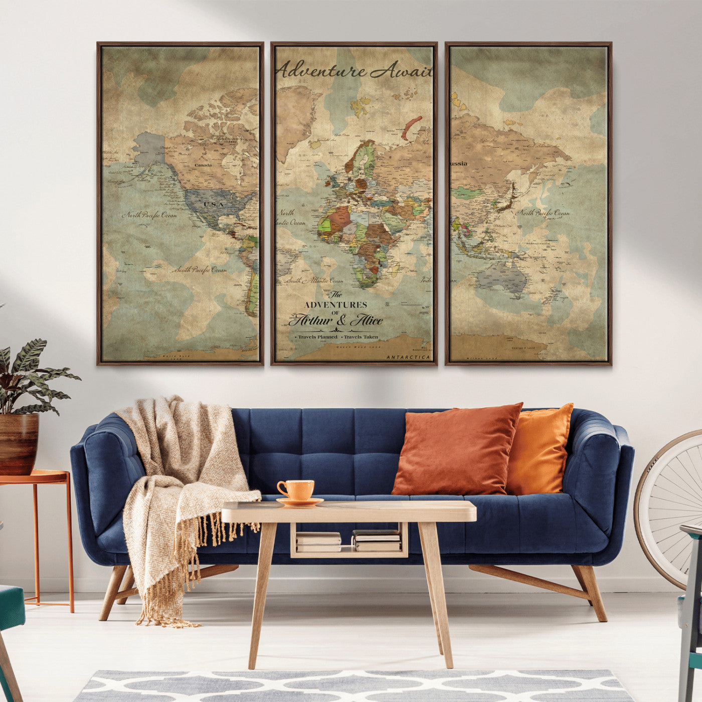 Rehber01-MGV-CV-36X24-Personalized Vintage World Map Canvas Print – Custom Push Pin Travel Map Antique Style Gift for Couples Travelers for Home Office
