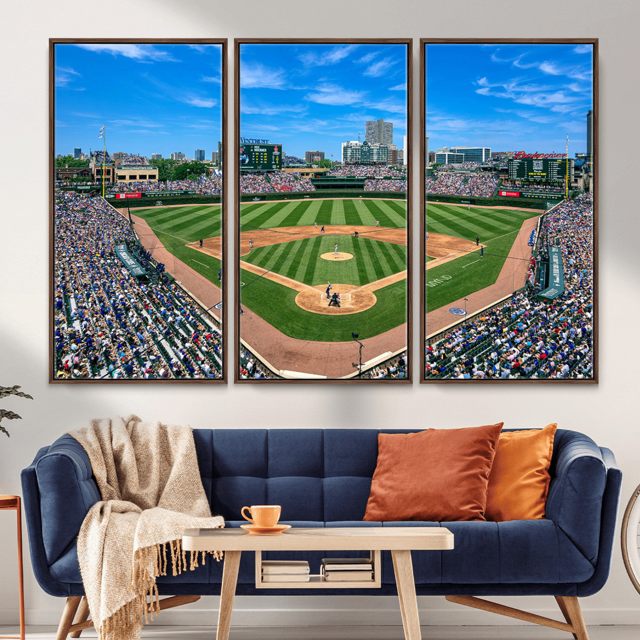 35800083-MGV-FC-48X32-3P - Wrigley Field Baseball Stadium Canvas Wall Art – Packed Crowd Sports Stadium City Skyline Artwork for Home Office