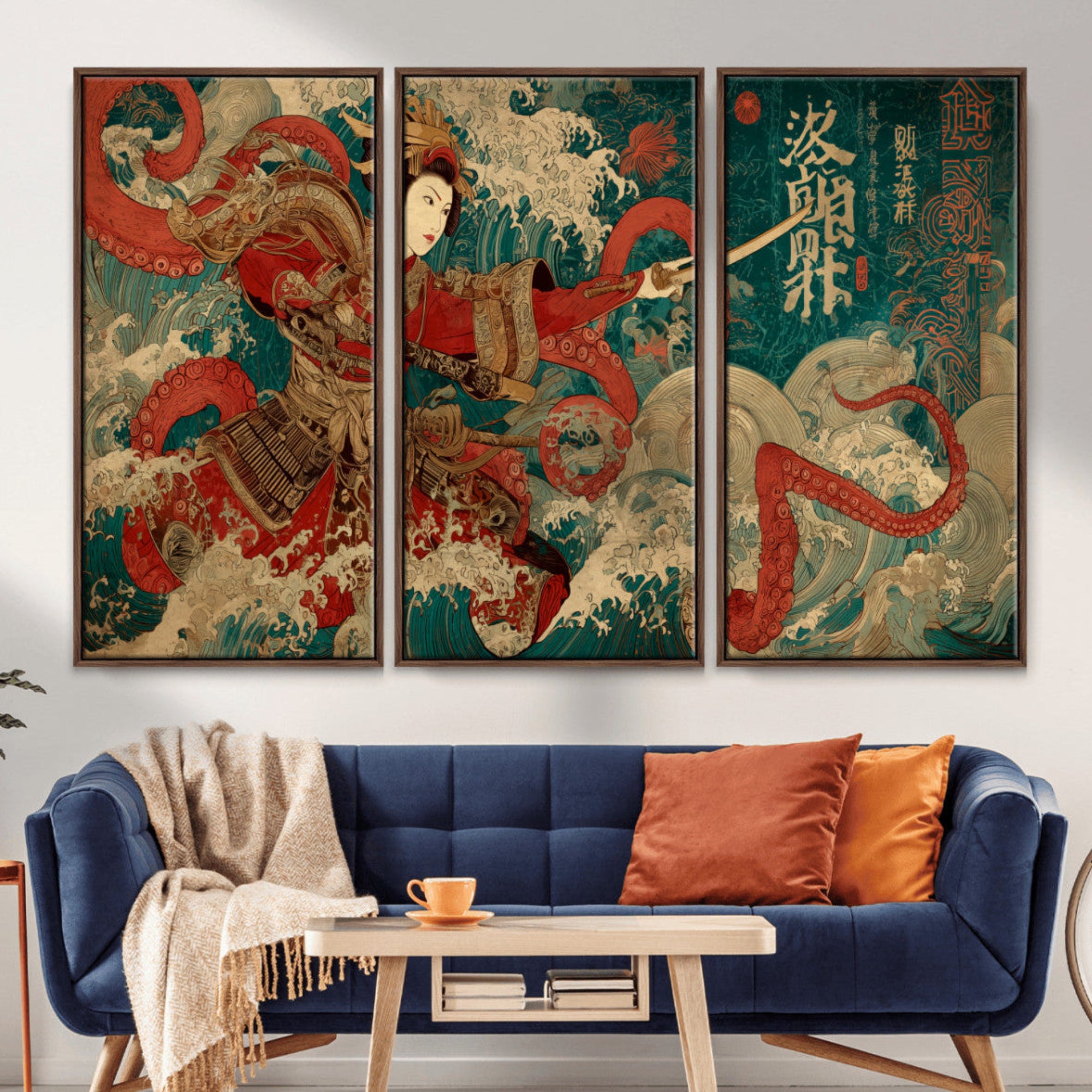 48430396-MGV-CV-36X24-Tsukioka Yoshitoshi Samurai Wall Art – Japanese Katana Warrior Canvas Print, Octopus Sea Monster Artwork for Home, Office