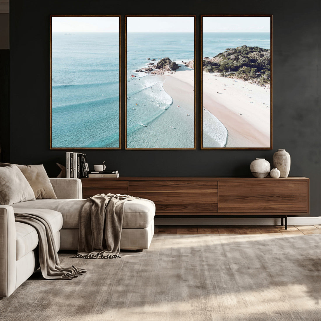 Aerial Beach Wall Art Canvas Print, Coastal Ocean Waves and Surfers from Above