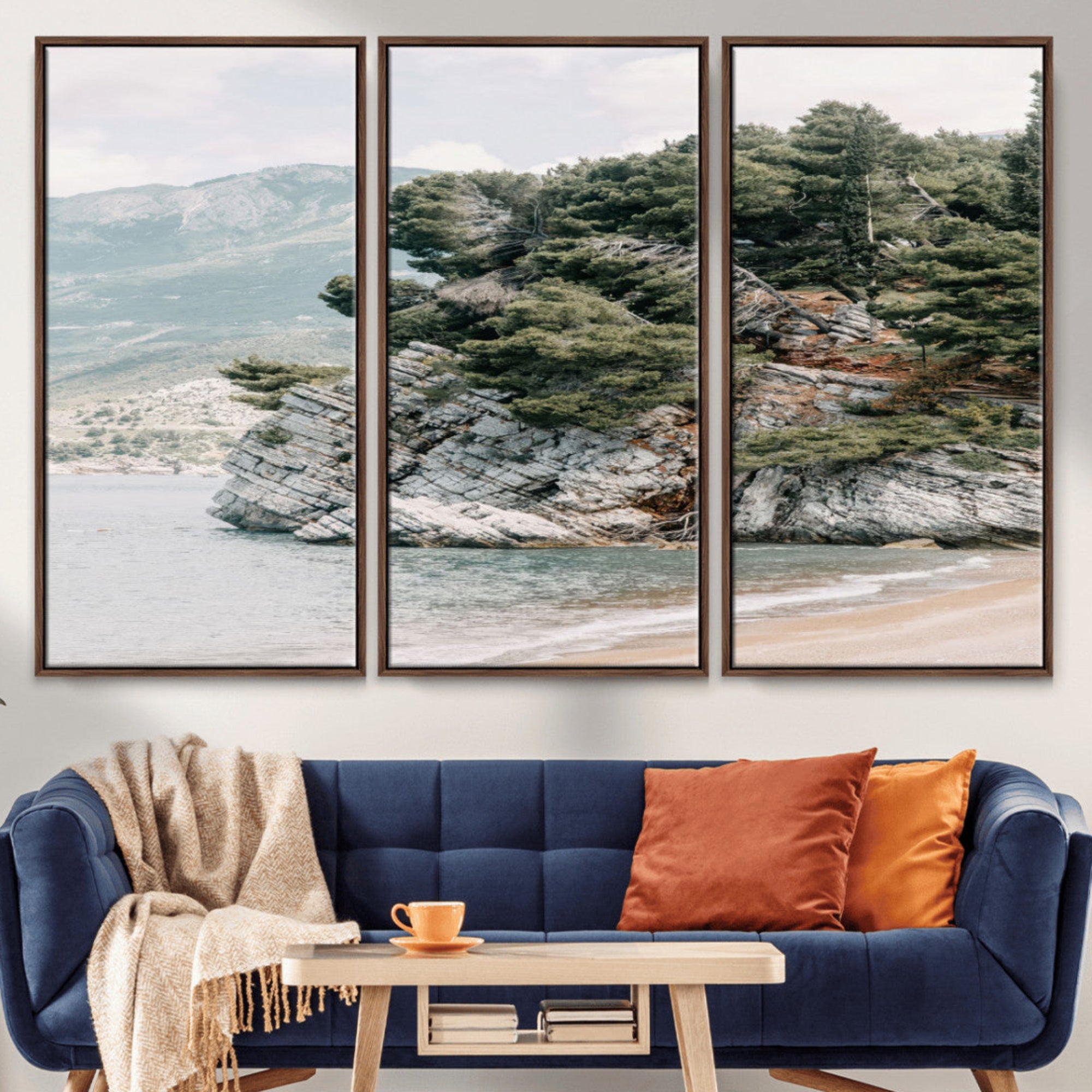 MGV-FC-48X32-3P - Coastal Rock Canvas Wall Art Print, Scenic Beach Landscape, Pine Trees on Rocky Cliff, Large Nature