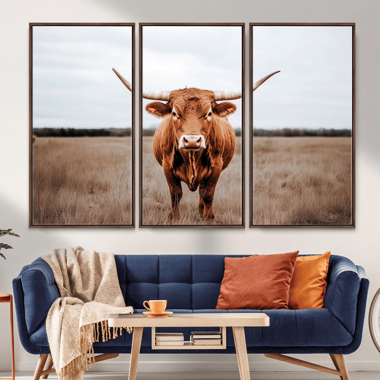 16316734-MGV-FC-48X32-3P - Longhorn bull, open field, rustic charm, natural beauty, Wall Art Canvas Print, countryside,