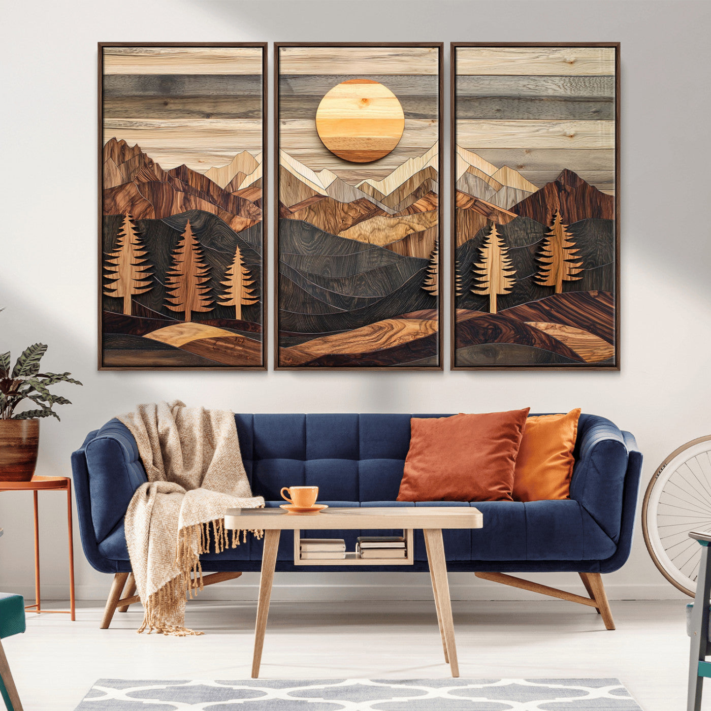 MGV-FC-48X32-3P - Wooden Mountain Layers Canvas Wall Art – Rustic Pine Tree Landscape with Sunlight Artistic Nature