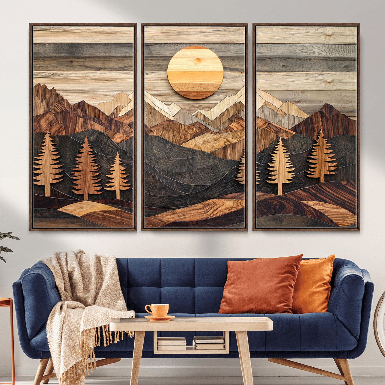 19832326-MGV-CV-36X24-Wooden mountain landscape layered texture geometric shapes sun pine trees rustic natural tones Wall